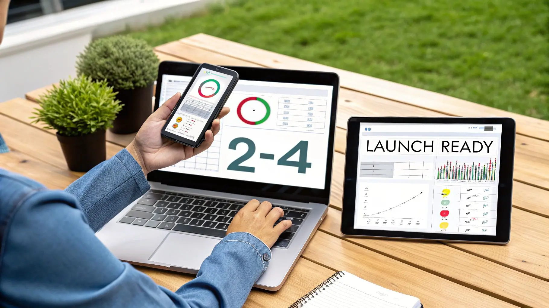 Person working on a laptop, smartphone, and tablet showing 'Launch Ready' data and charts outdoors.