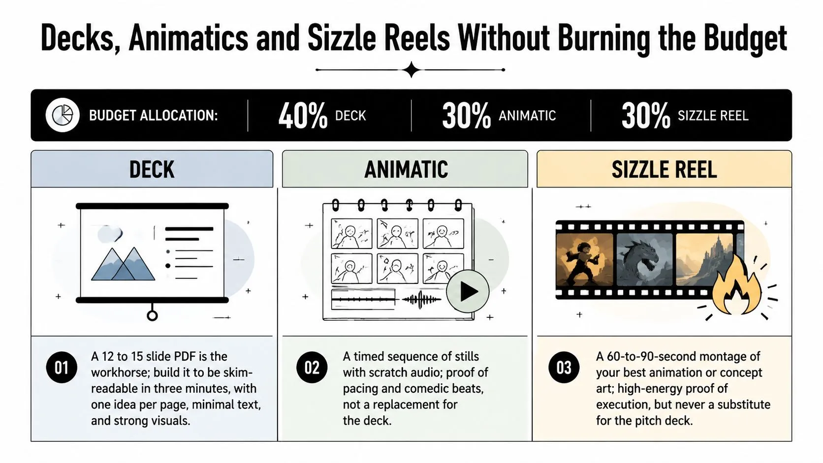 An infographic detailing budget allocation for a pitch deck, animatic, and sizzle reel for animation projects.