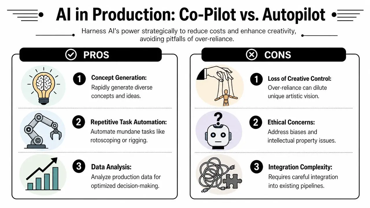 An infographic comparing the pros and cons of AI in production, featuring sections on Co-Pilot and Autopilot.