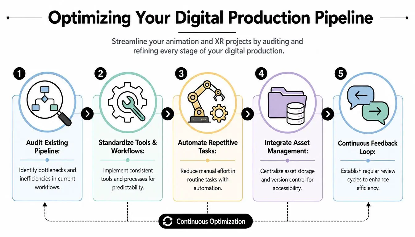 A five-step diagram illustrating the process for optimizing a digital production pipeline for animation and XR projects.