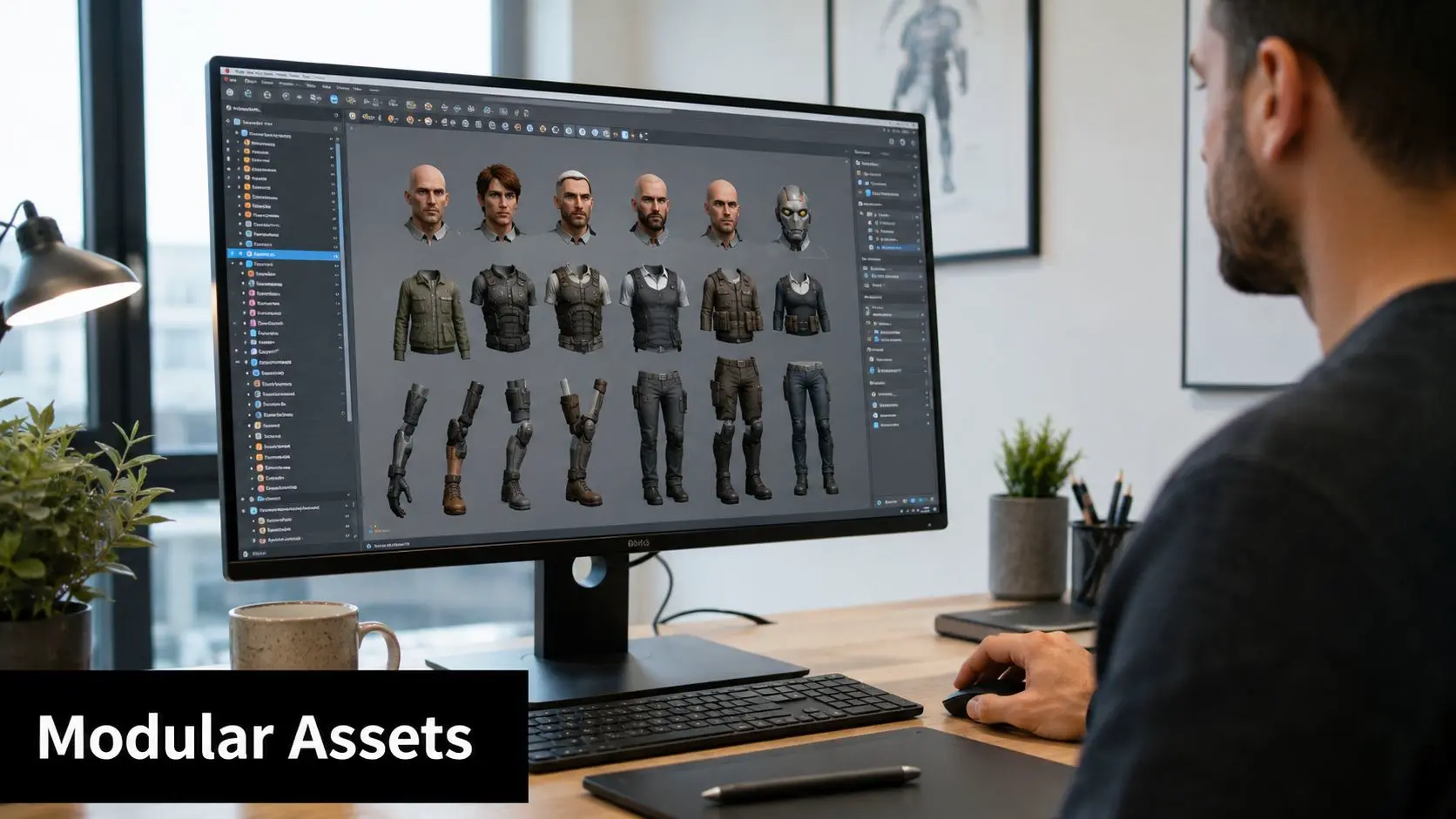 A professional digital artist working on modular 3D character assets on a large computer screen.
