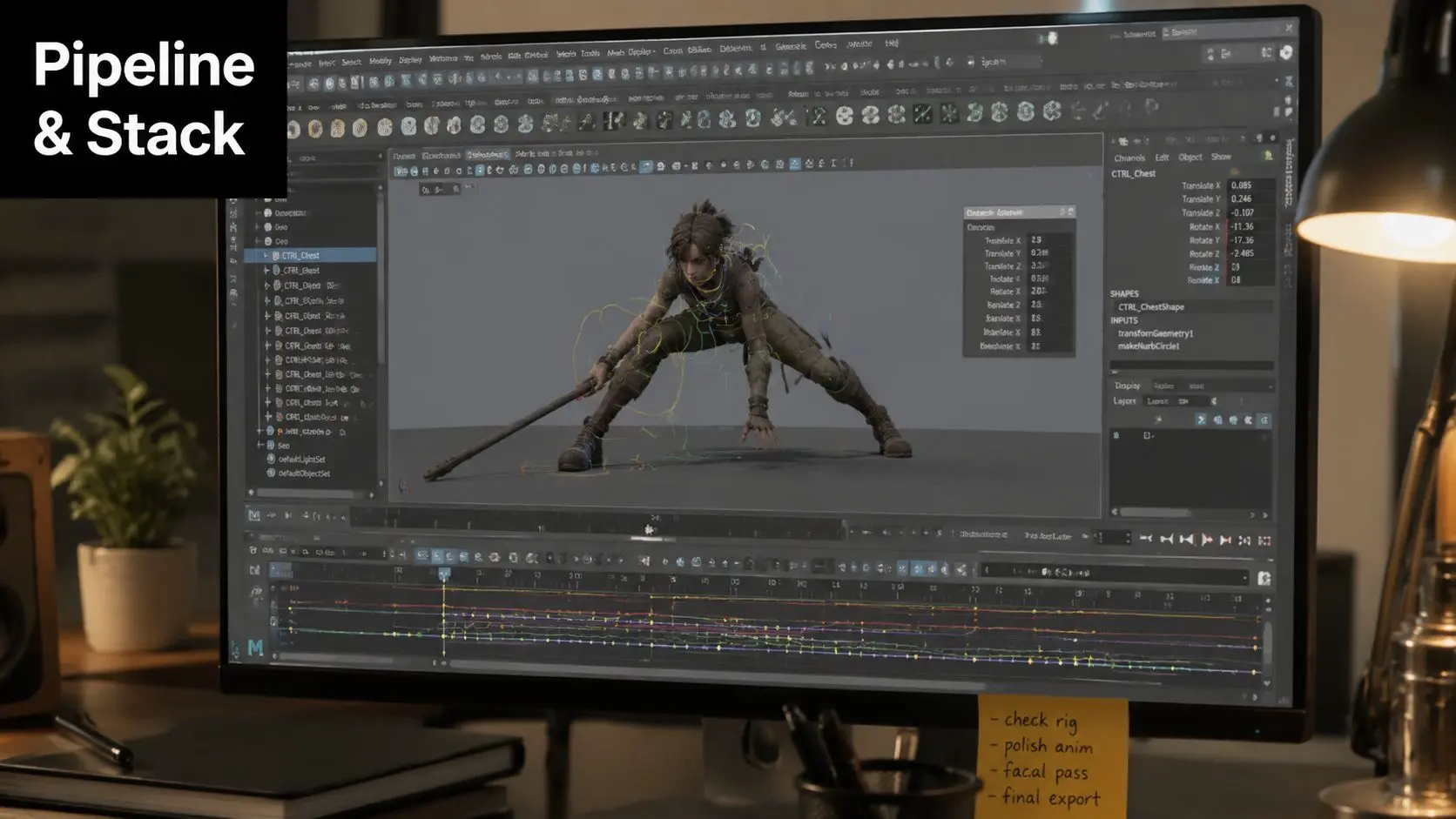 A computer monitor displaying complex 3D animation software with a character rig and a timeline.