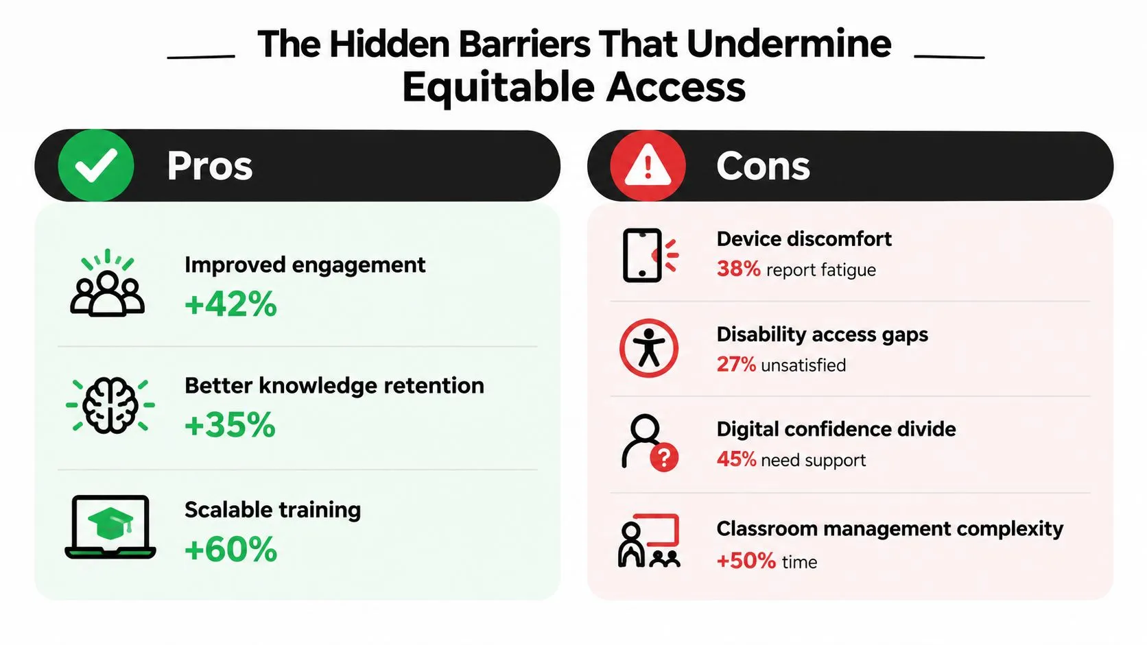 A comparison chart showing the benefits of immersive learning versus the barriers to equitable access.