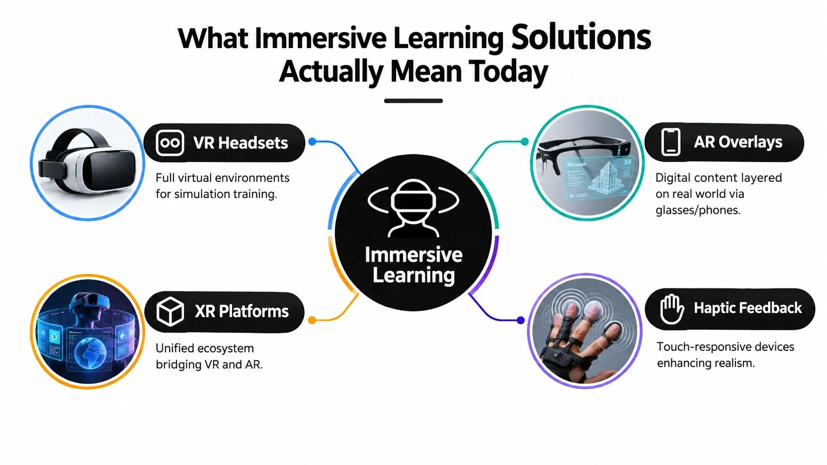 An infographic illustrating immersive learning technologies including VR headsets, AR overlays, XR platforms, and haptic feedback devices.