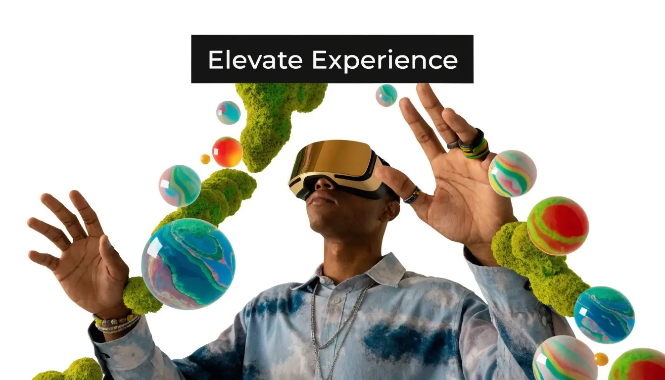 A young man wearing a gold VR headset while interacting with floating colorful orbs and moss textures.