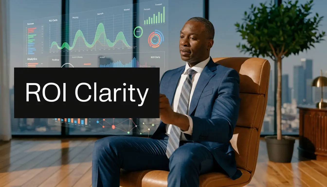 A professional businessman in a suit reviewing digital data charts and graphs on a transparent glass screen.