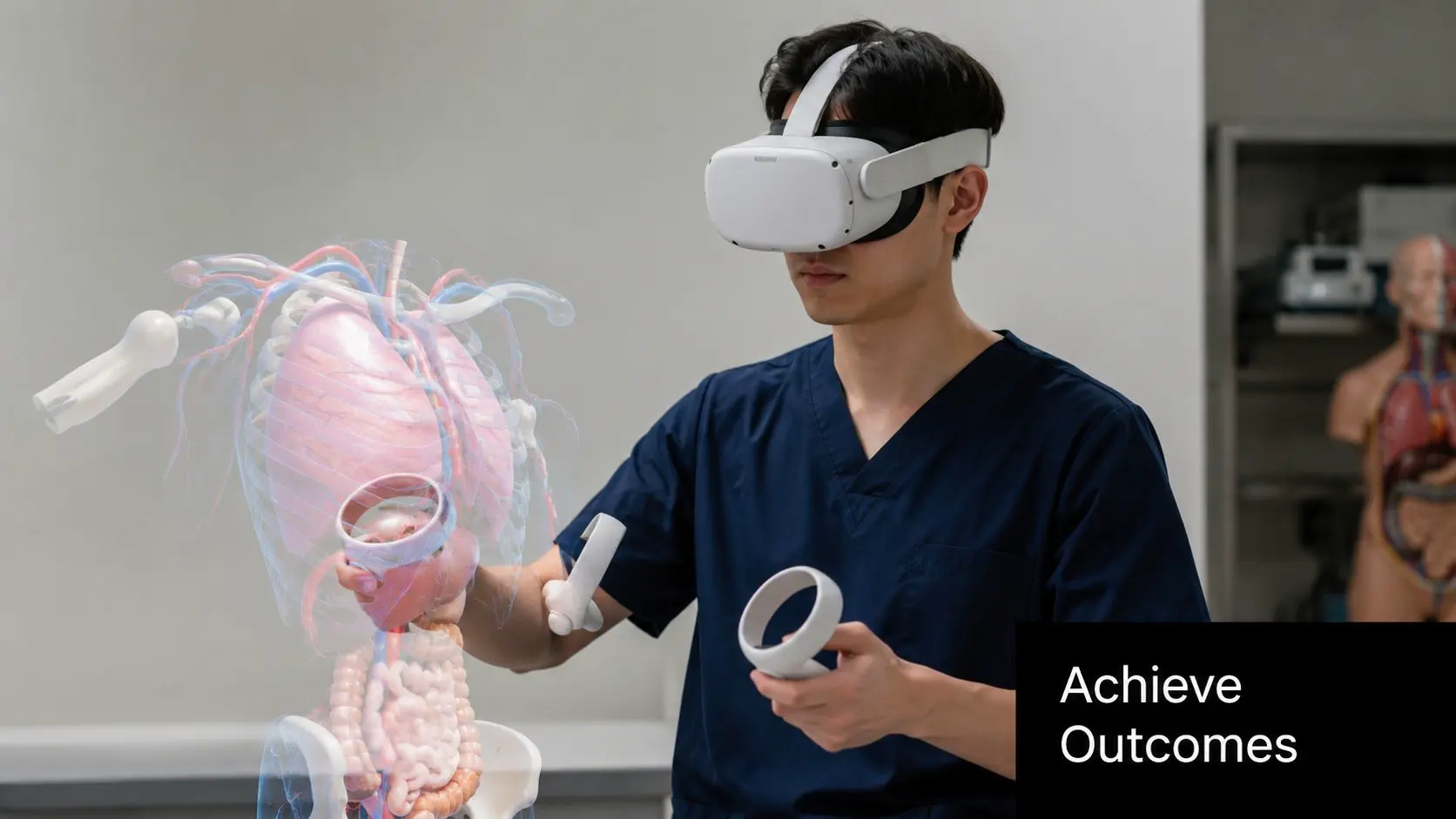A healthcare professional using a virtual reality headset to interact with a 3D medical anatomy model.