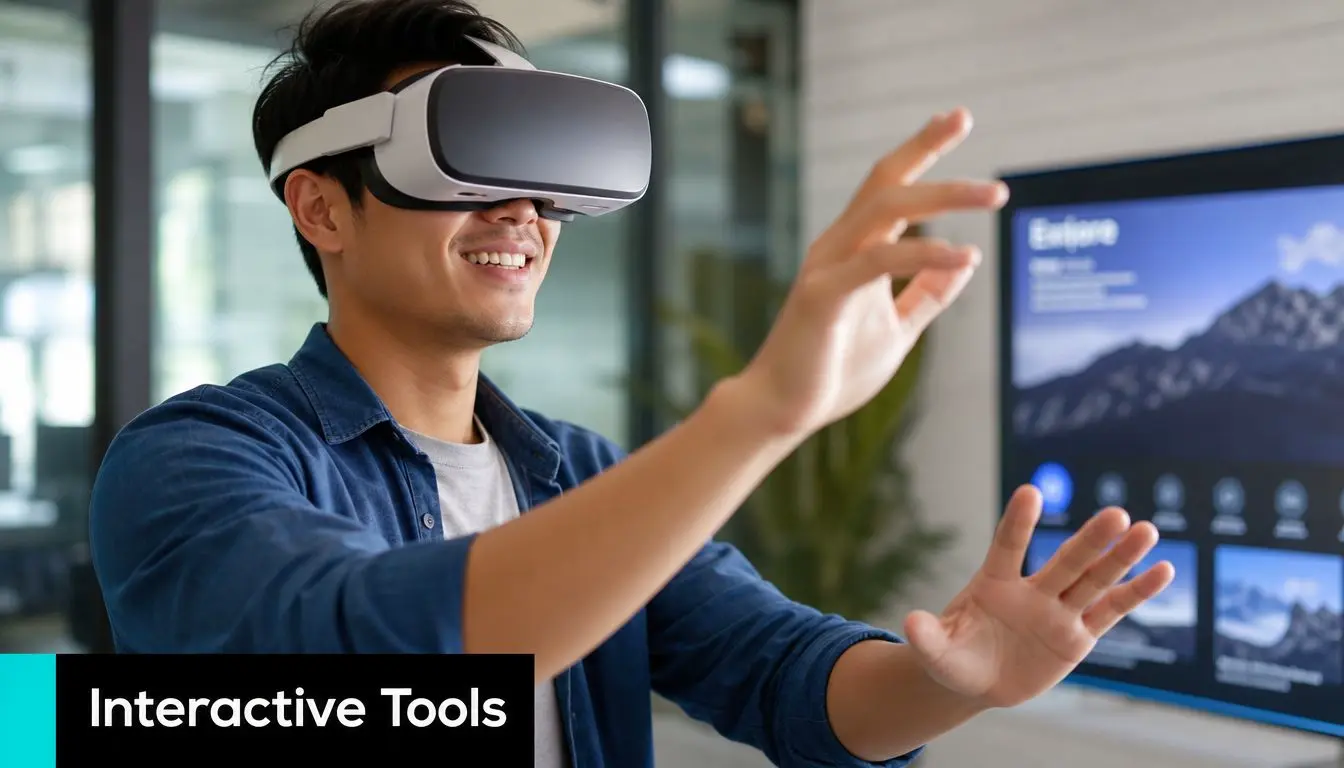 A young man wearing a virtual reality headset while gesturing in front of a digital display.