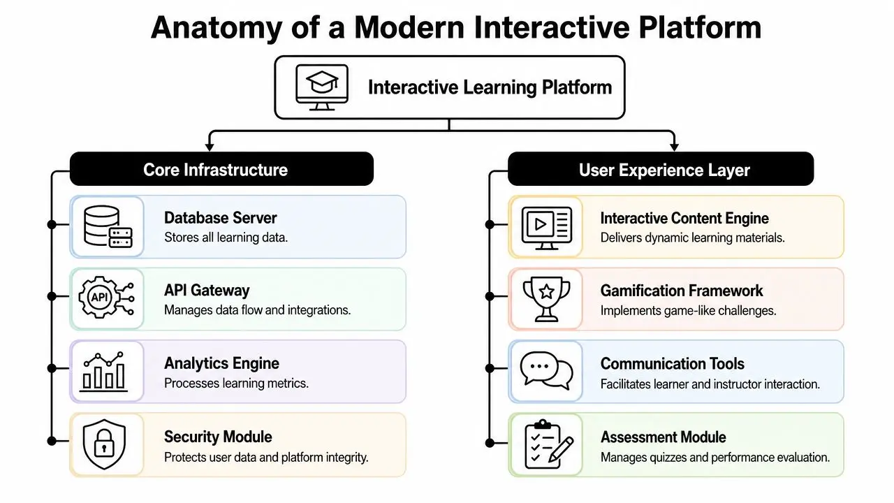 A diagram illustrating the core infrastructure and user experience components of a modern interactive learning platform.