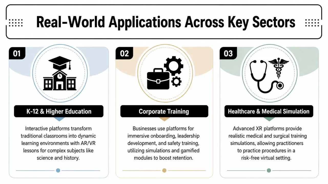 An infographic showing real-world applications of interactive learning platforms in education, corporate training, and healthcare sectors.
