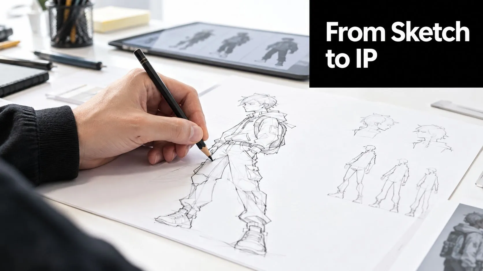 An artist drawing a detailed character sketch on white paper at a professional studio desk.