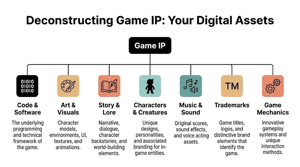 A diagram deconstructing game IP into seven key digital assets including code, art, story, characters, music, trademarks, and mechanics.
