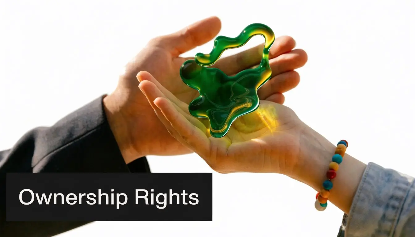 Two people holding a translucent green abstract object representing concept of ownership rights.