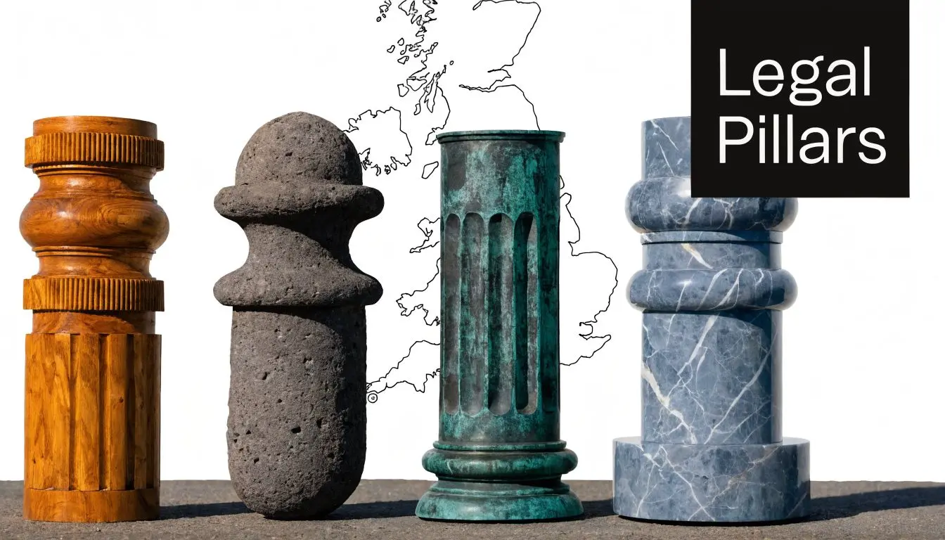 Four distinct architectural pillars arranged in a row in front of an outline map of the UK.