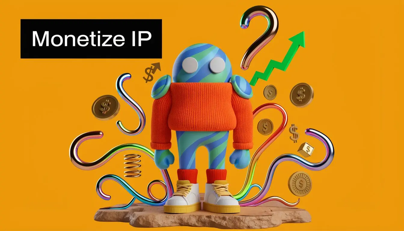 A 3D character standing on a rock surrounded by golden dollar coins and colorful abstract shapes.