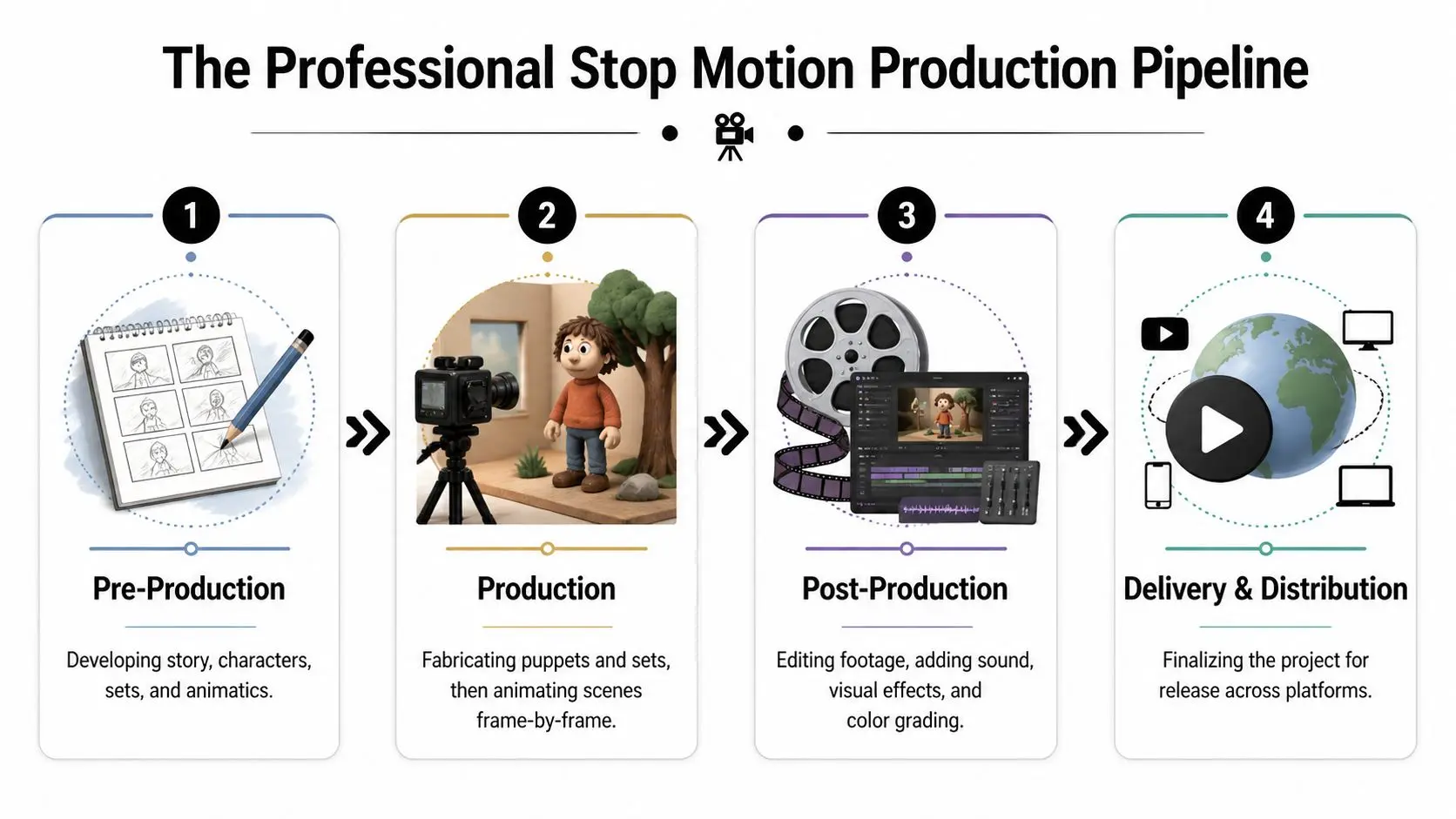 An infographic showing the four stages of a professional stop motion animation production pipeline.
