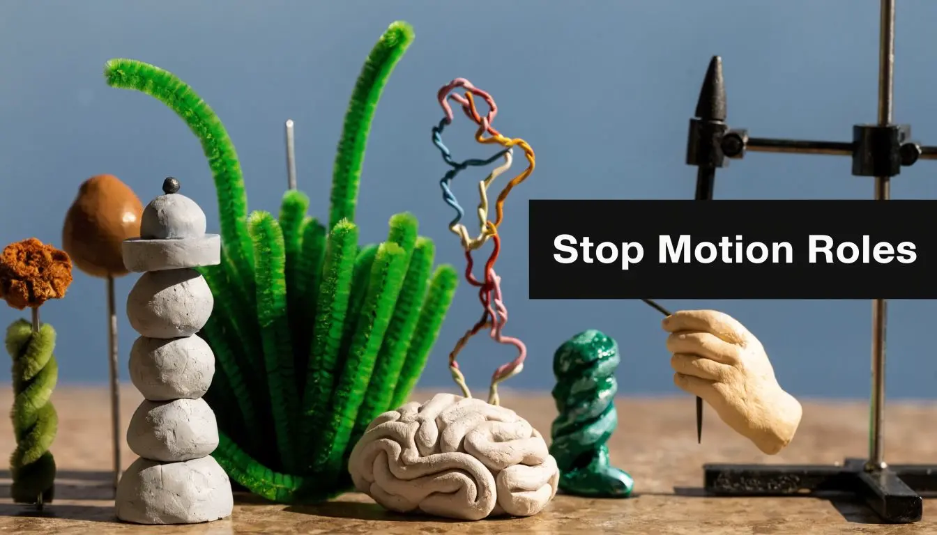 Various craft materials and clay figures arranged on a table with text overlay about stop motion roles.