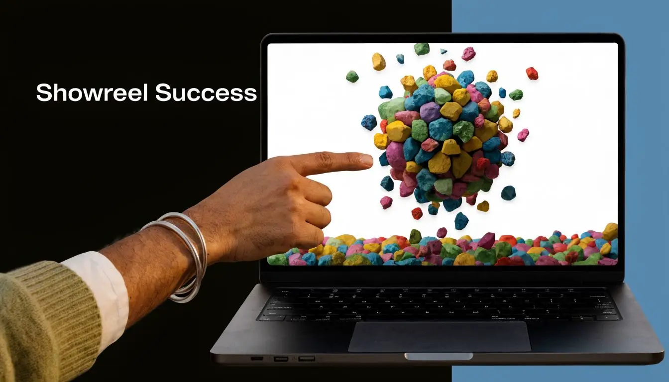 A hand pointing at a laptop screen displaying a colorful, floating cluster of small rocks and stones.