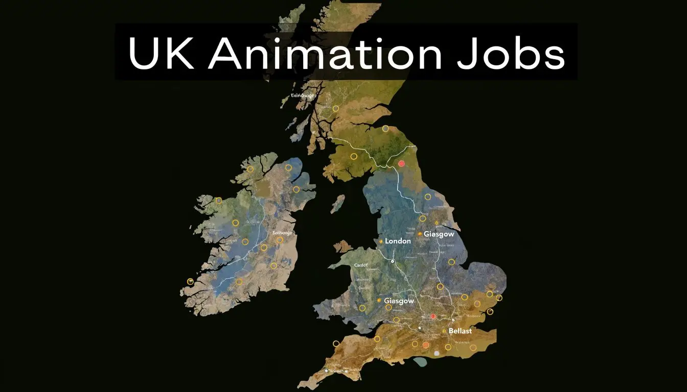 A map of the United Kingdom showing various locations for animation job opportunities across the country.