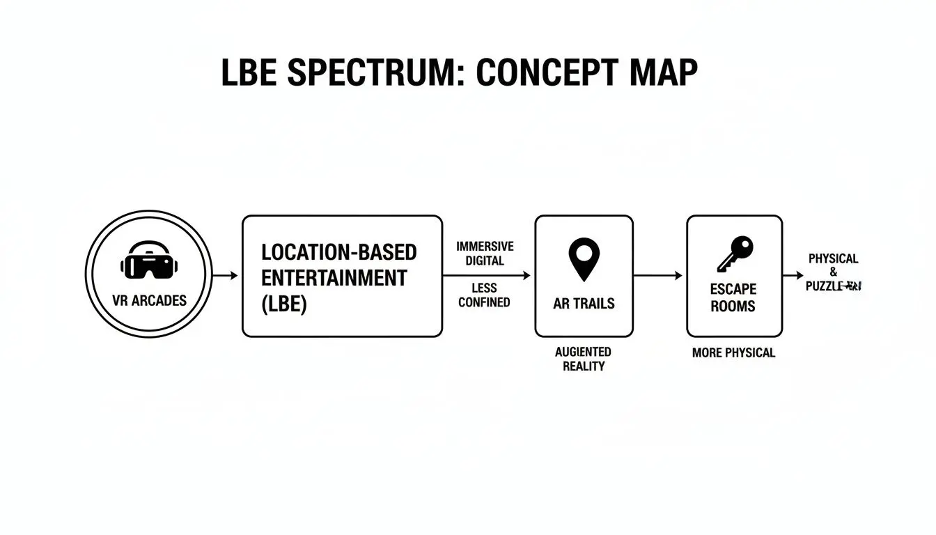 Concept map illustrating the spectrum of Location-Based Entertainment from VR arcades to physical escape rooms.