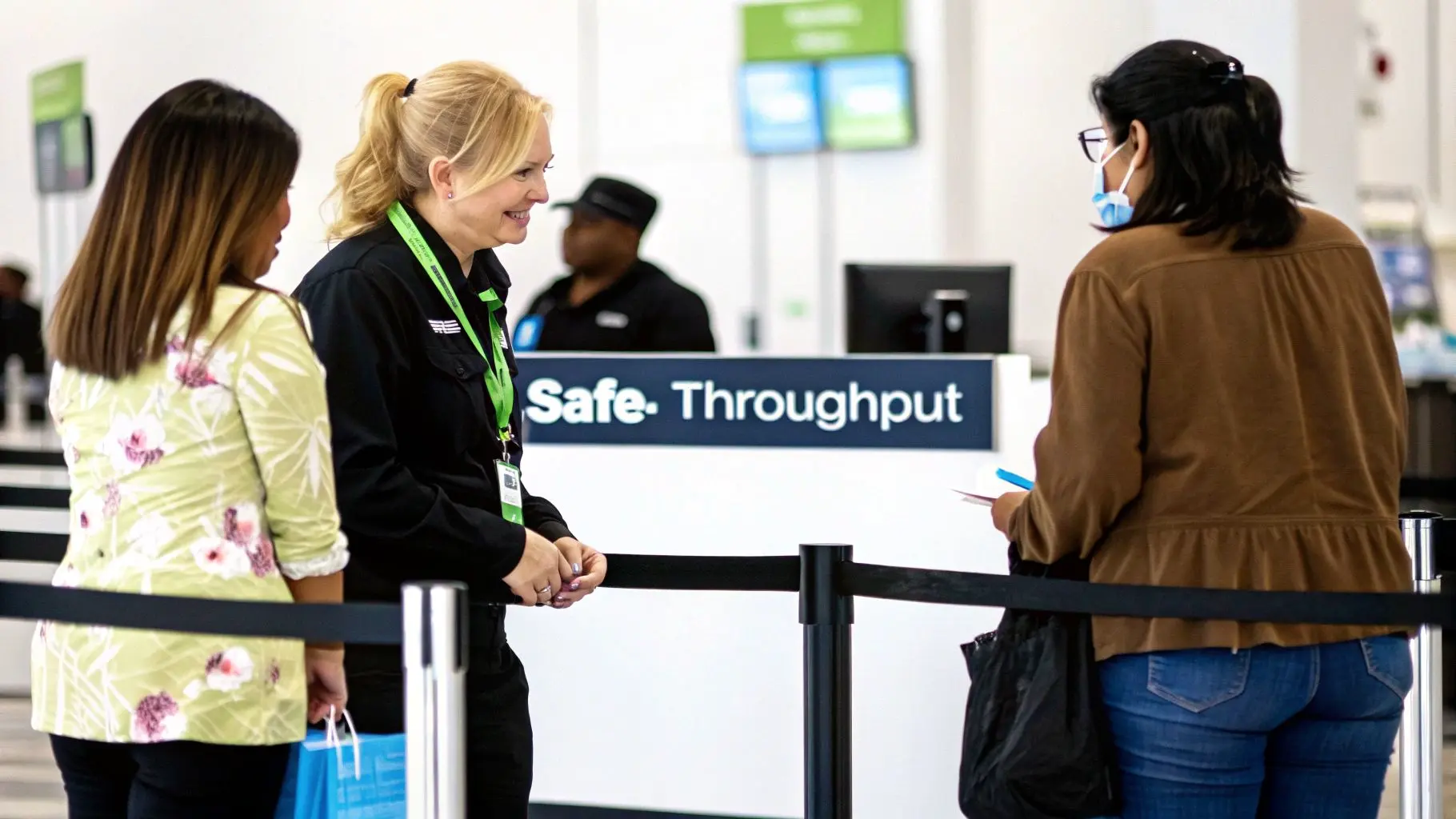 Airport staff member assists two travelers at a check-in counter with a Safe