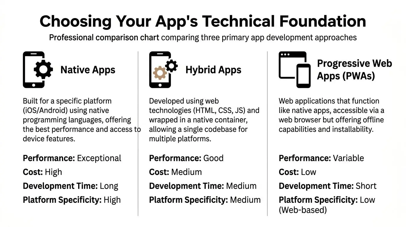 A comparison chart outlining the differences between native apps, hybrid apps, and progressive web apps.