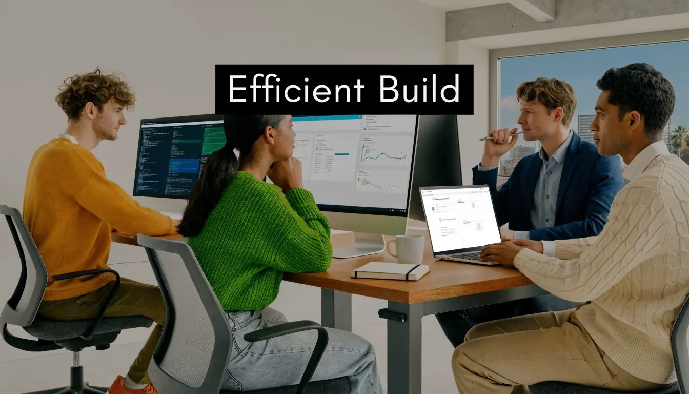 A diverse team of professionals collaborating on a software project at a modern office workspace