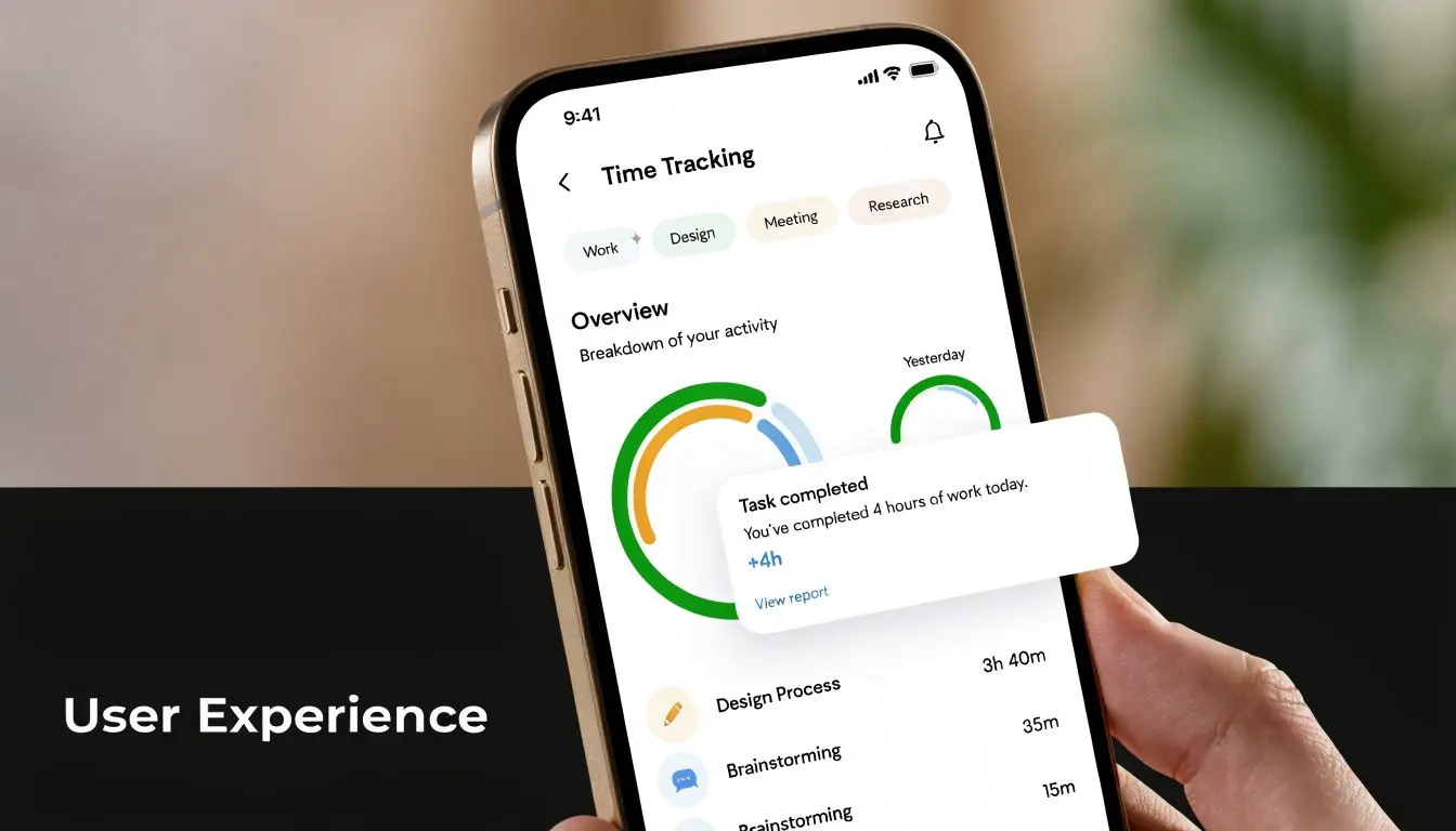 A hand holds a smartphone displaying a time tracking app with a completed task notification shown.