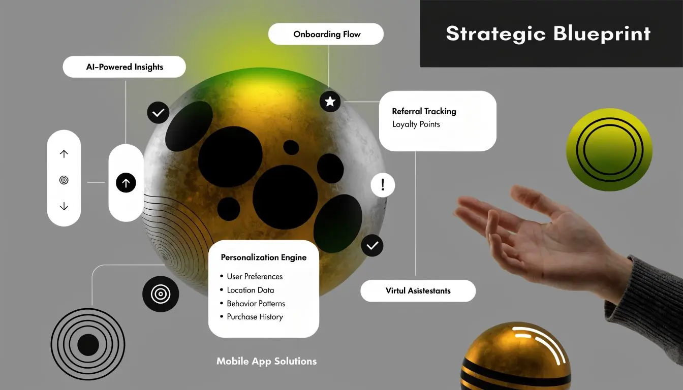 A strategic blueprint diagram for mobile app development featuring key features like personalization and user insights.