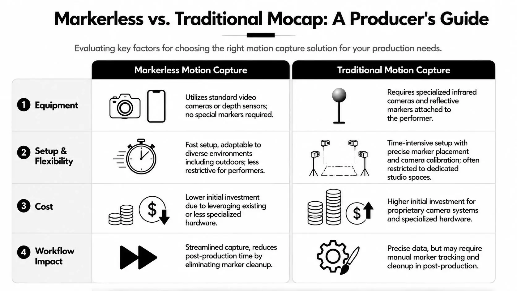 A comparison chart outlining the pros and cons of markerless versus traditional motion capture for media production.