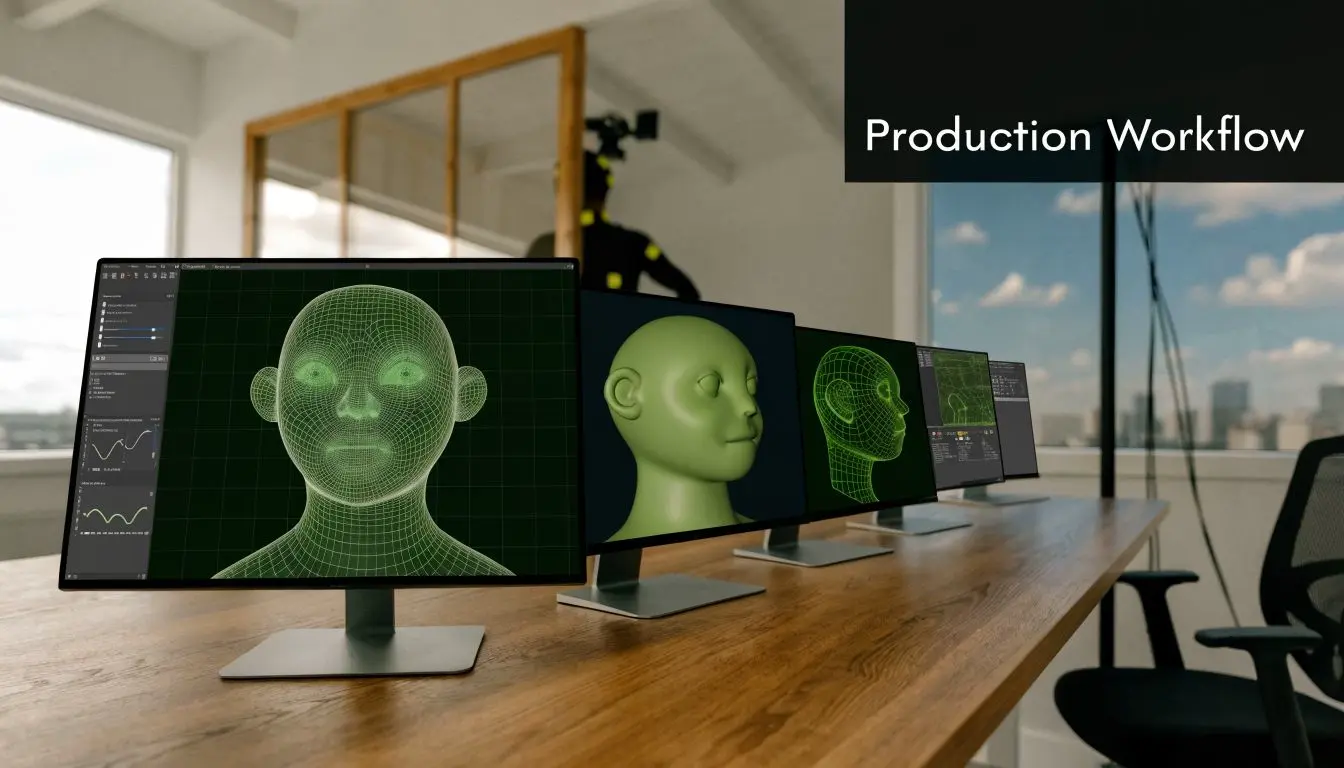 A row of computer monitors showing 3D digital facial models in a modern production studio workspace.