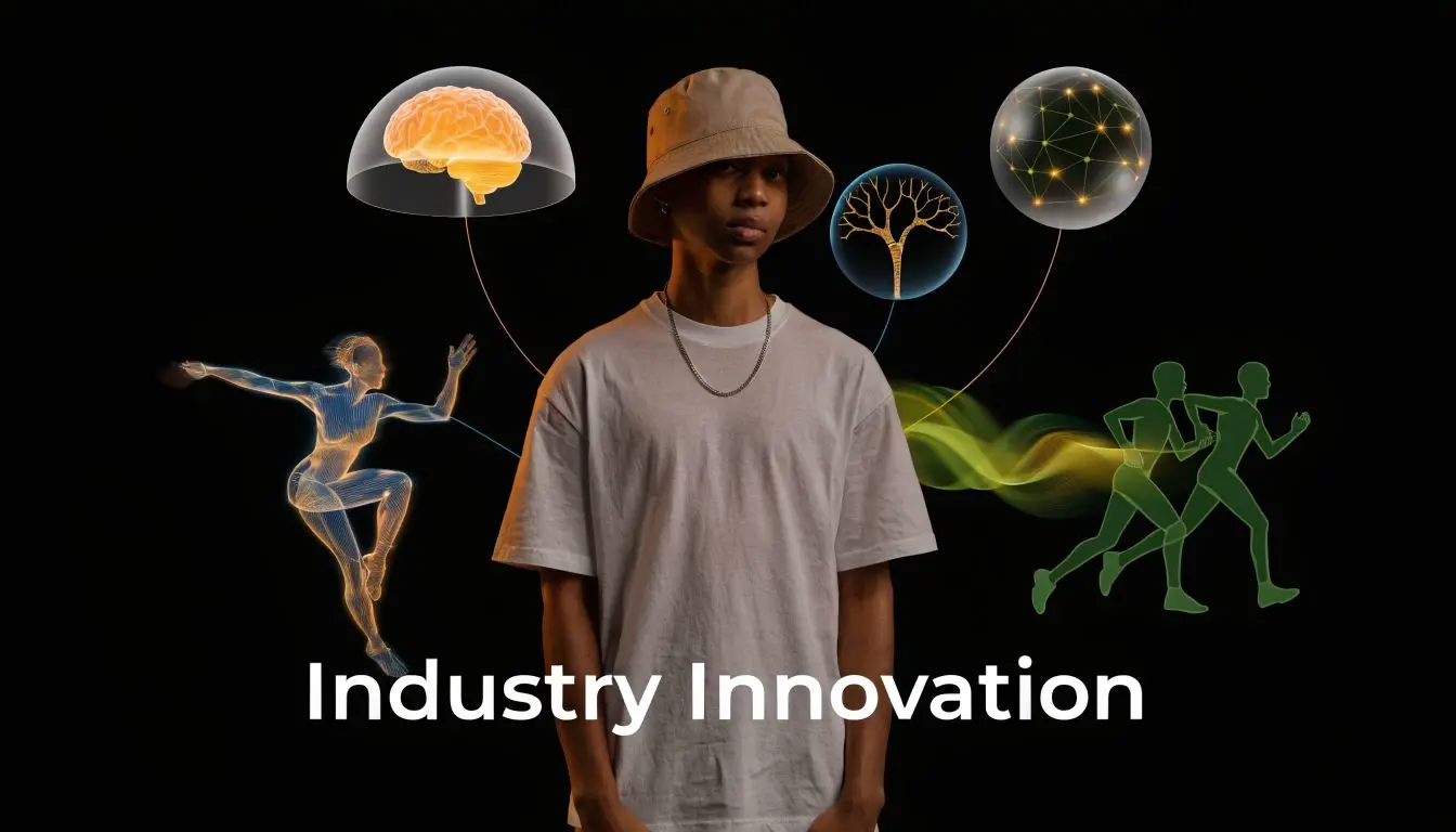 A person standing before digital illustrations of a brain, motion capture, and human network nodes representing innovation.