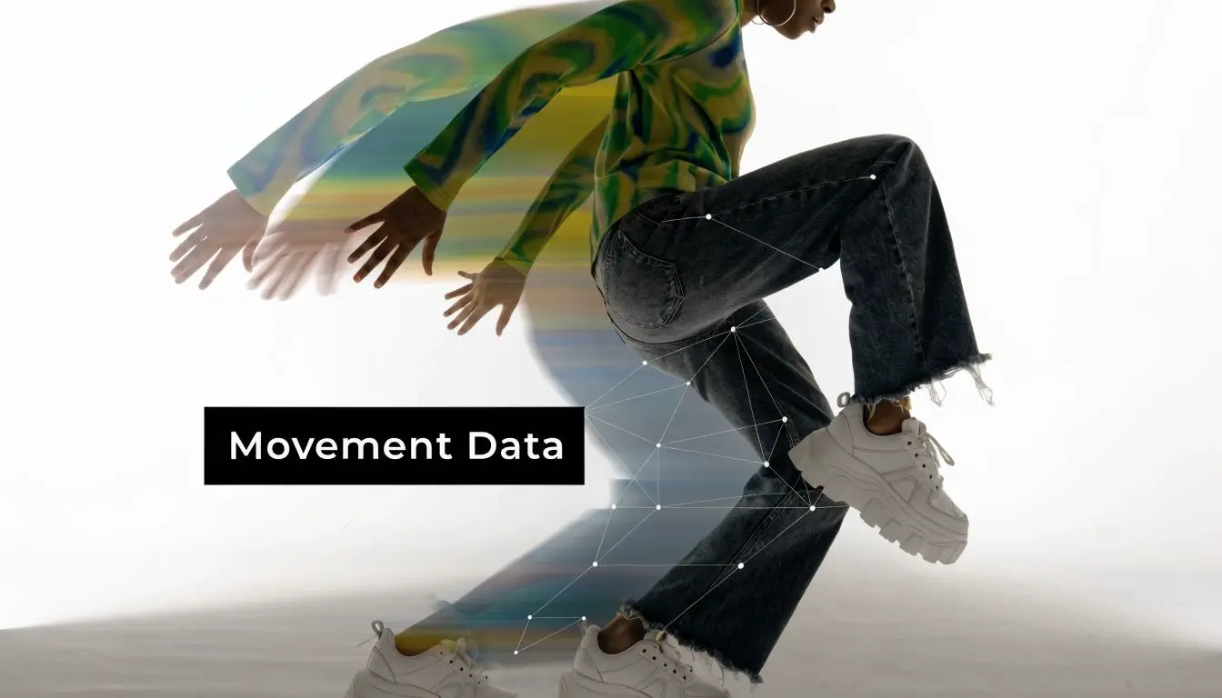 A person in motion with motion-tracking markers visualized over their legs, representing advanced technology.