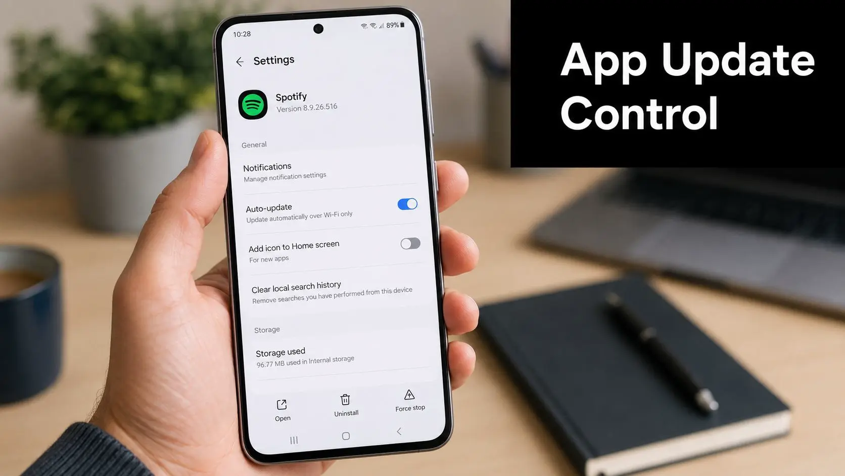 A smartphone held in a hand displaying Android app settings for automatic updates for Spotify.