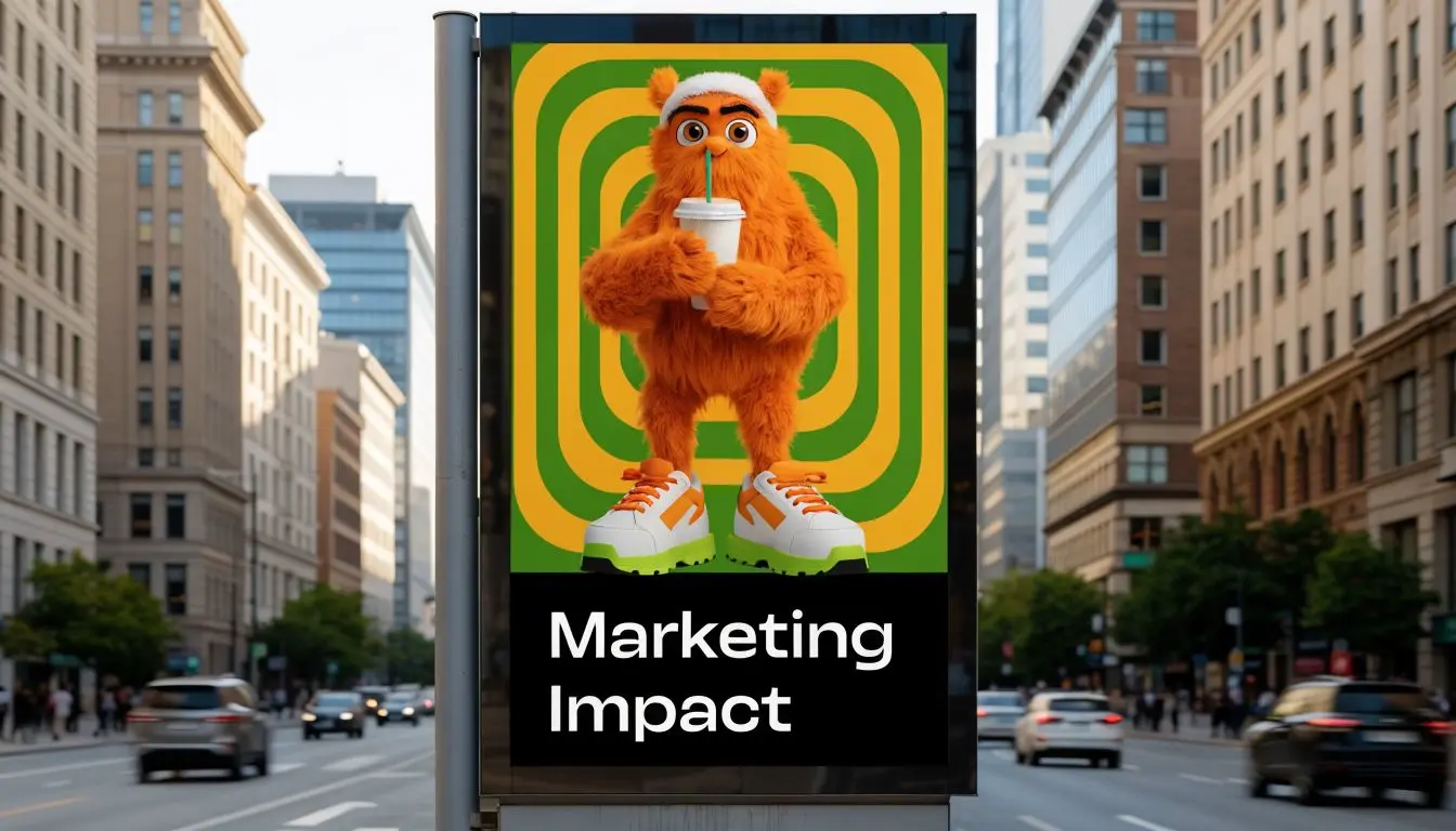 A large billboard in a city street displaying a fuzzy orange mascot holding a coffee cup.