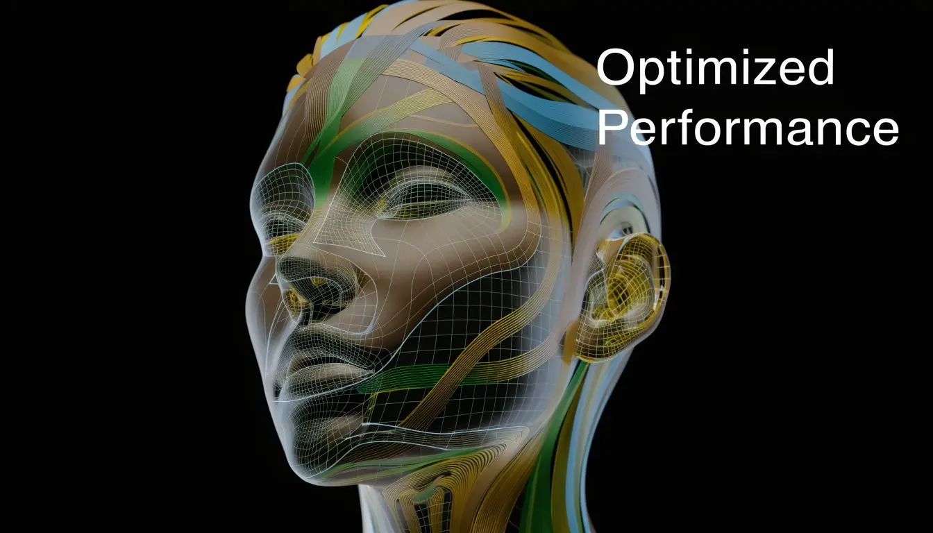 A digital 3D model of a human head overlaid with intricate geometric mesh and flowing colorful ribbons.
