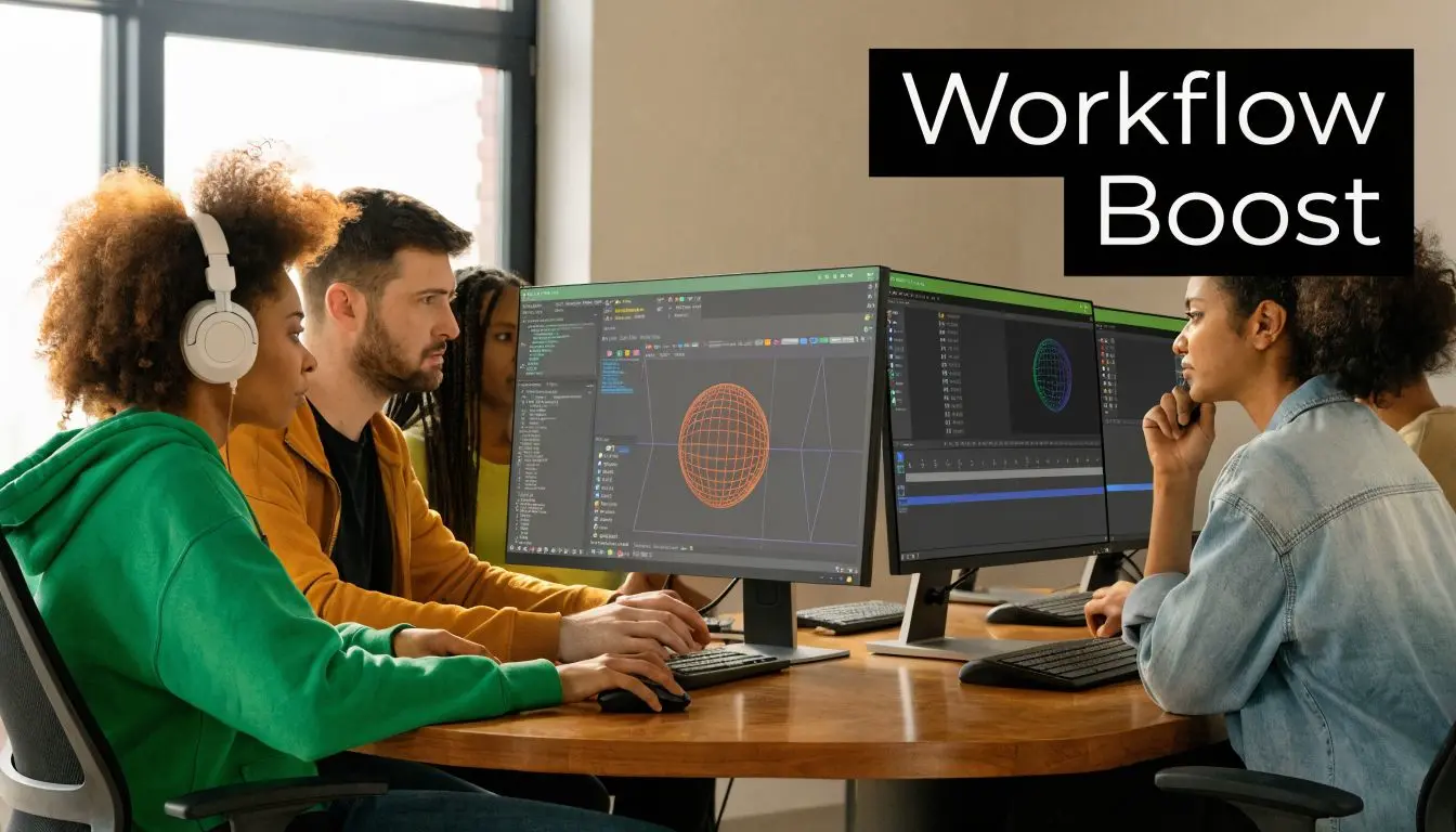 A diverse team of professionals collaborating on 3D modeling projects using workstations in a modern office environment.