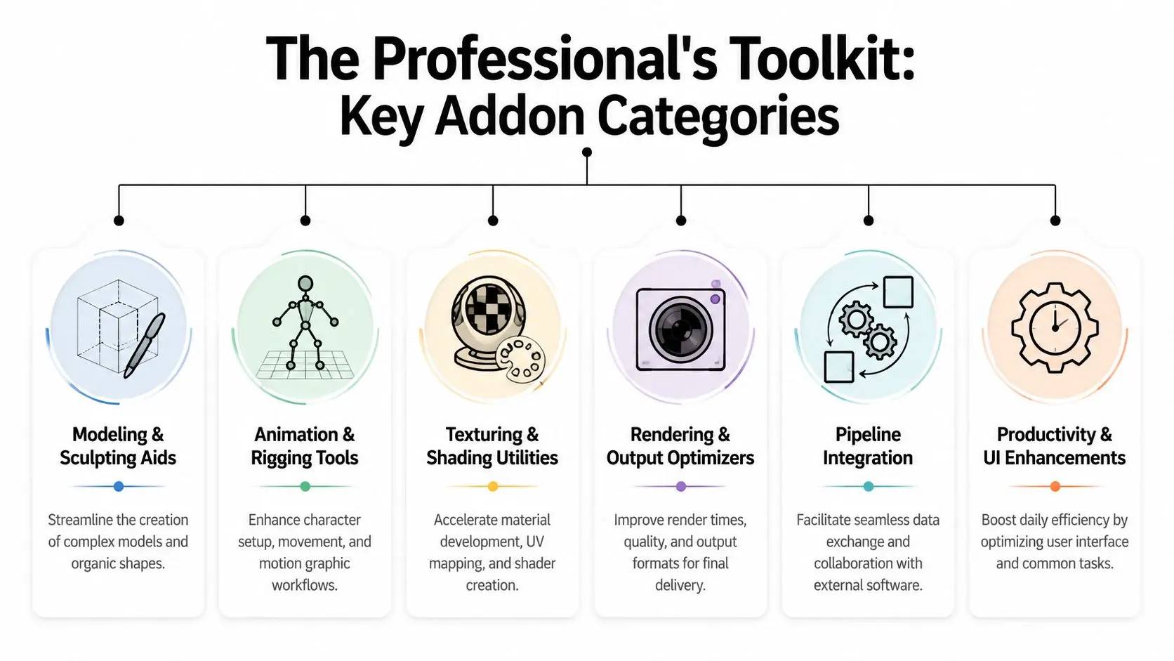A professional infographic categorizing essential Blender addon tools to improve 3D modeling and animation workflows.