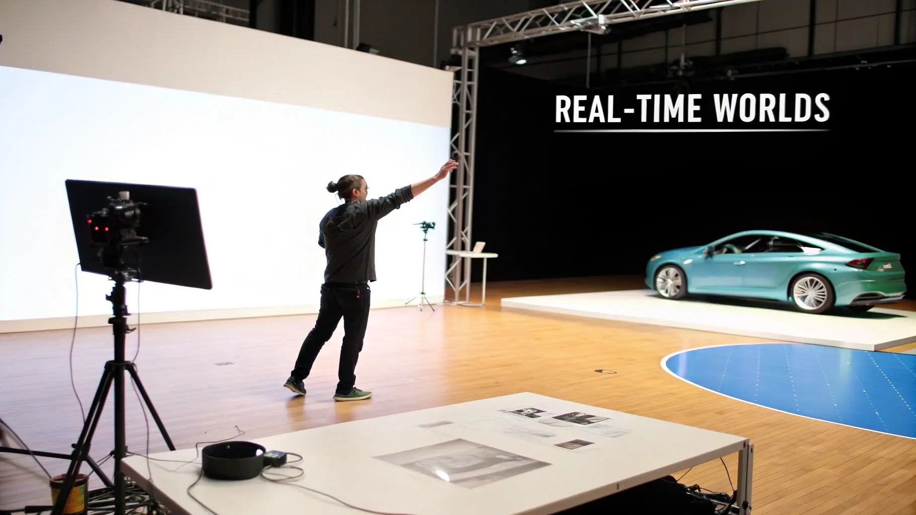 A person points to a large screen in a studio with a blue car, showcasing real-time worlds.