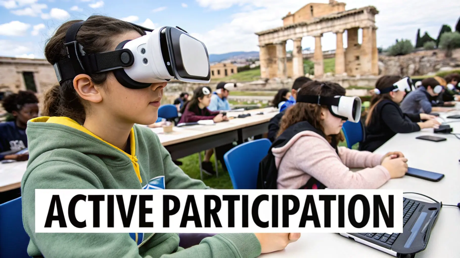 A student wearing a VR headset, fully immersed in a virtual educational environment.