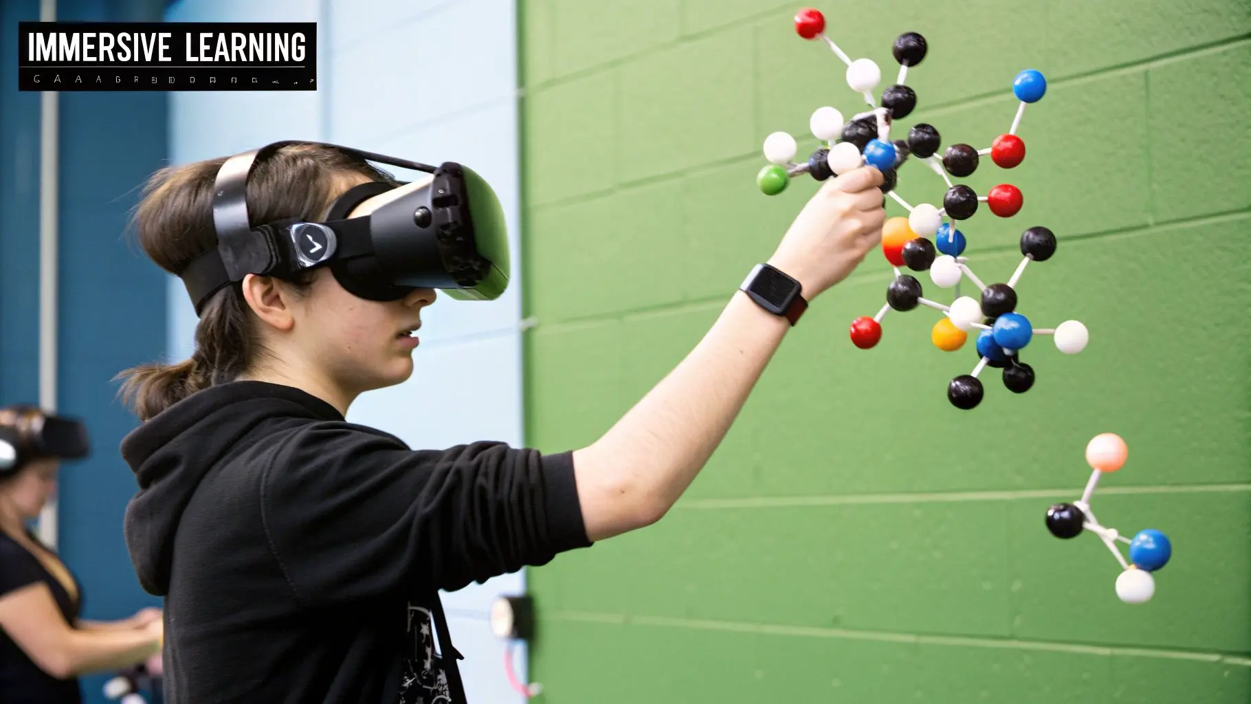 Students engaged with VR headsets in a classroom, looking at a virtual model of the solar system.