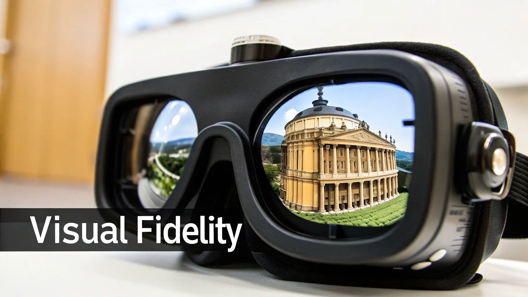 A virtual reality headset displays a classical building with columns and a dome, highlighting visual fidelity.