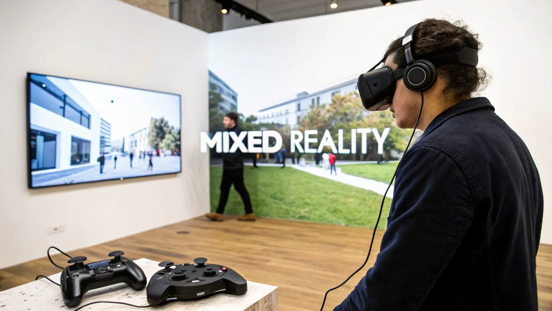 Person wearing a VR headset and headphones, looking at a mixed reality display with game controllers.