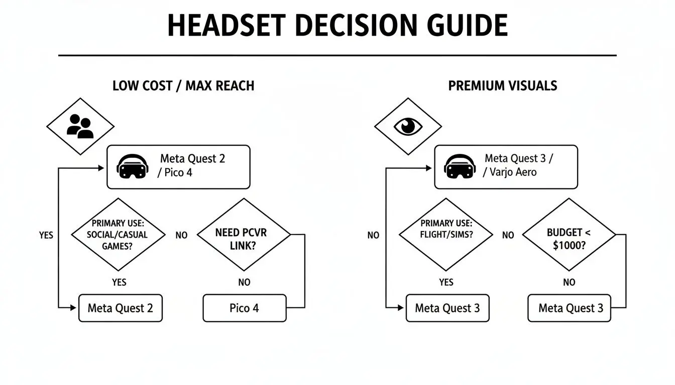VR headset decision guide flowchart comparing Meta Quest, Pico, and Varjo models for different uses and budgets.