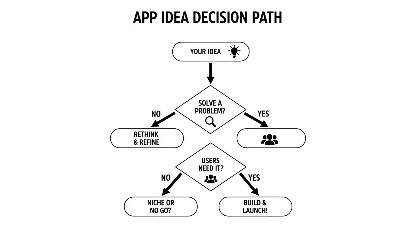 Flowchart outlining the decision path for a mobile app idea, from problem-solving to launch.