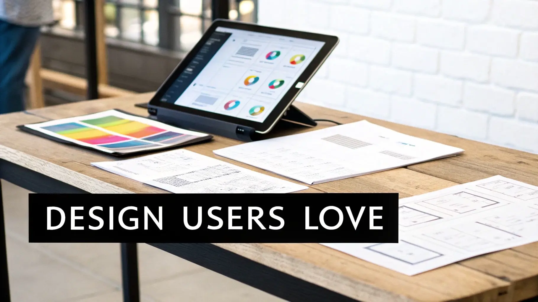 A tablet with data visualizations and various design documents laid out on a wooden table, suggesting mobile app design work.