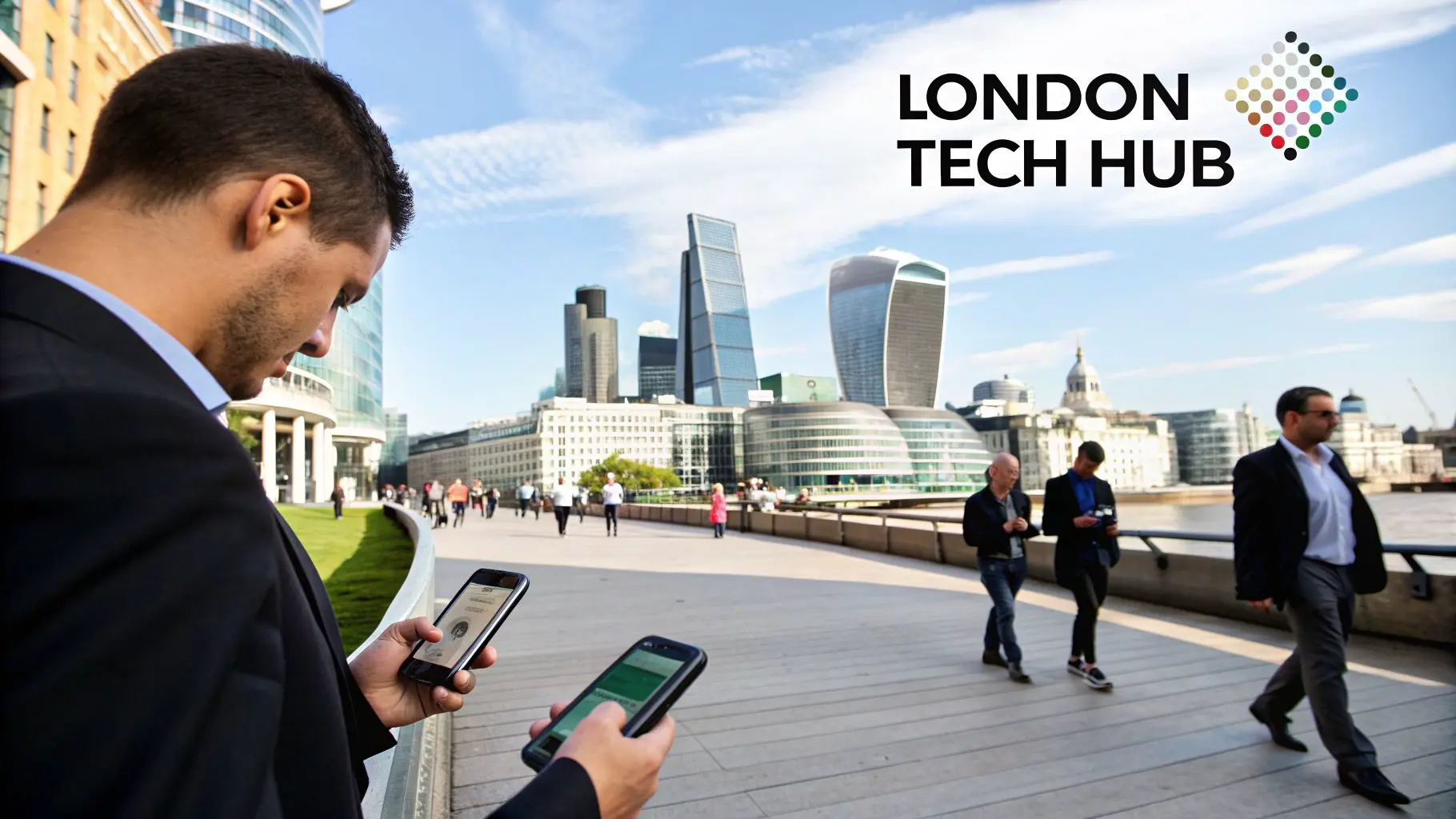 A scenic view of London's skyline, featuring iconic landmarks like the Shard and Tower Bridge, representing the city as a major business hub.