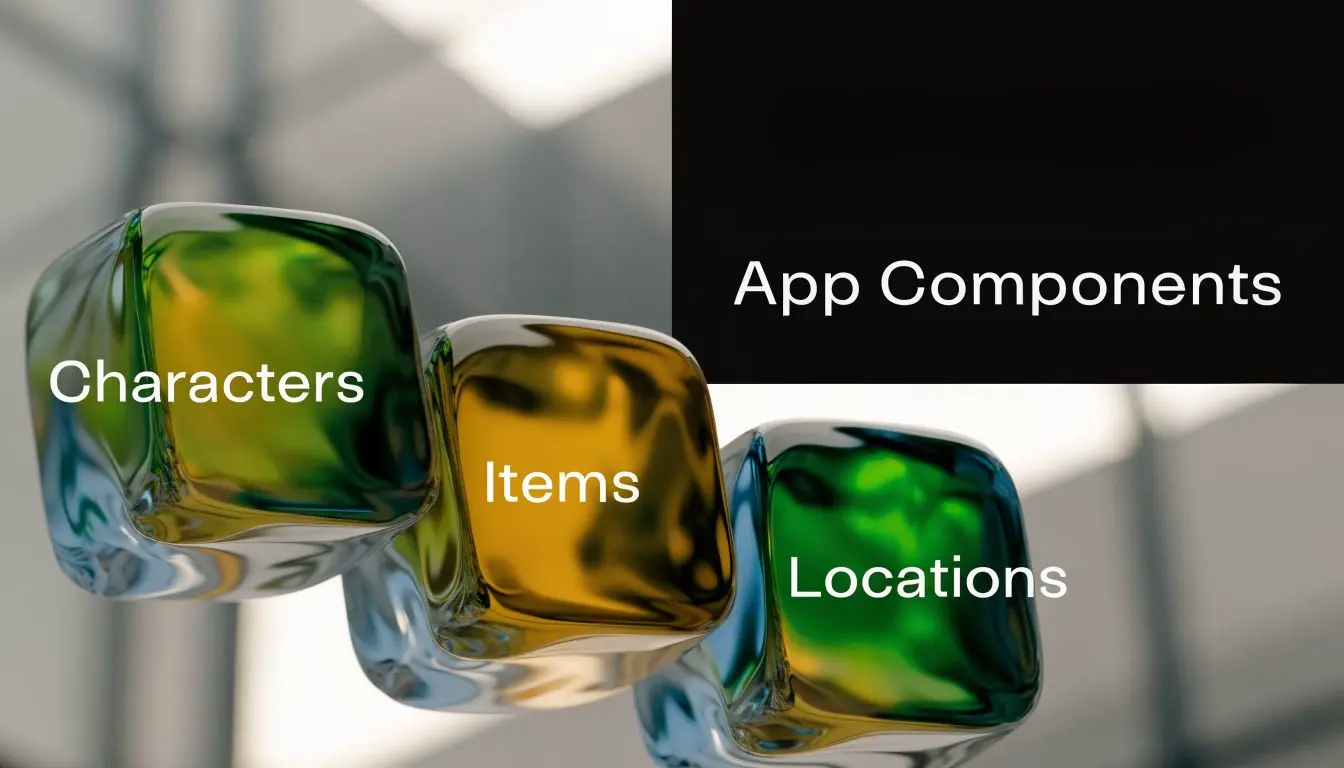 Three translucent cubes representing core app development components including characters, items, and locations in a digital interface.