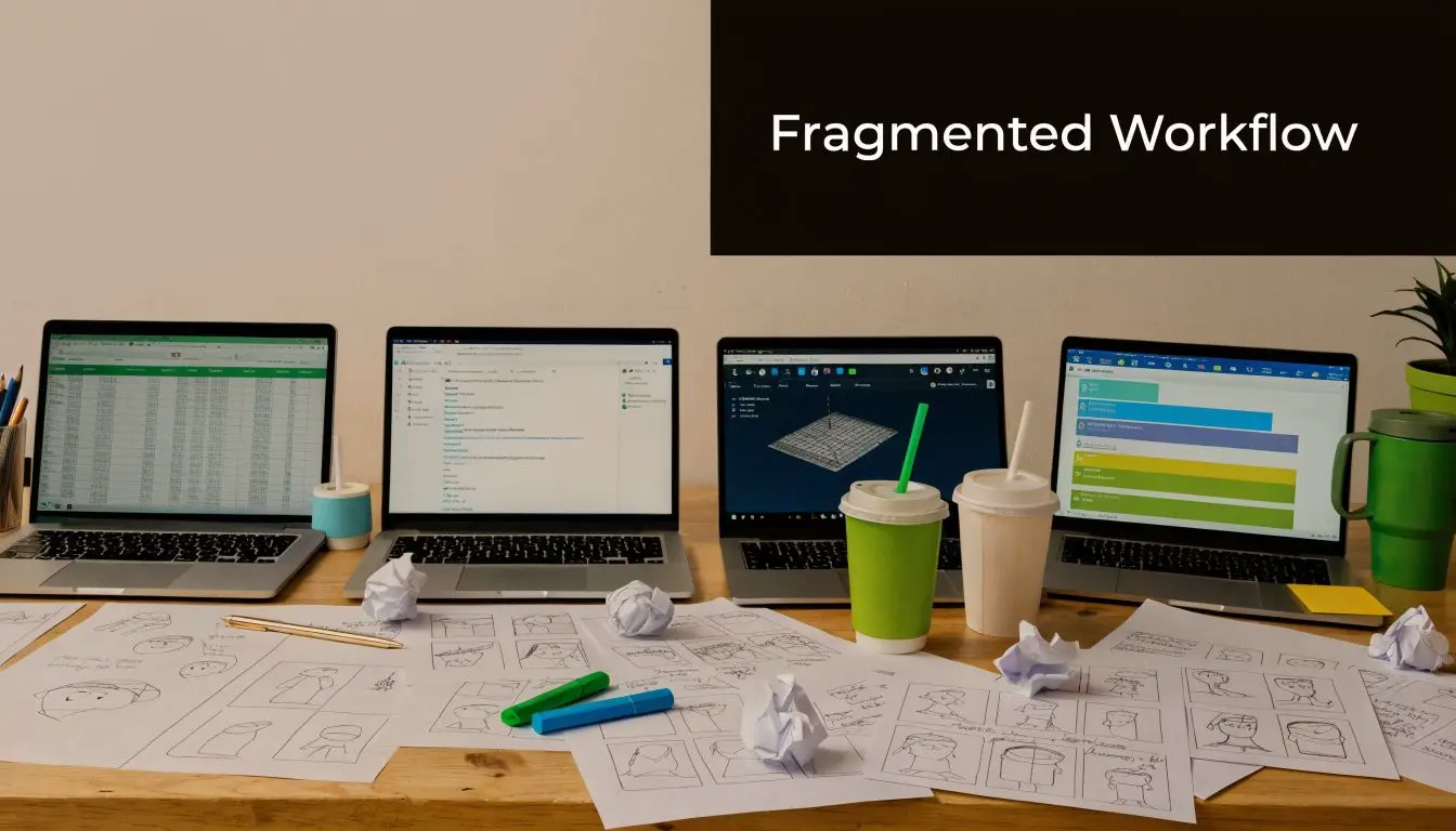 A workspace featuring multiple laptops with open programs and scattered sketches representing a fragmented digital workflow process.