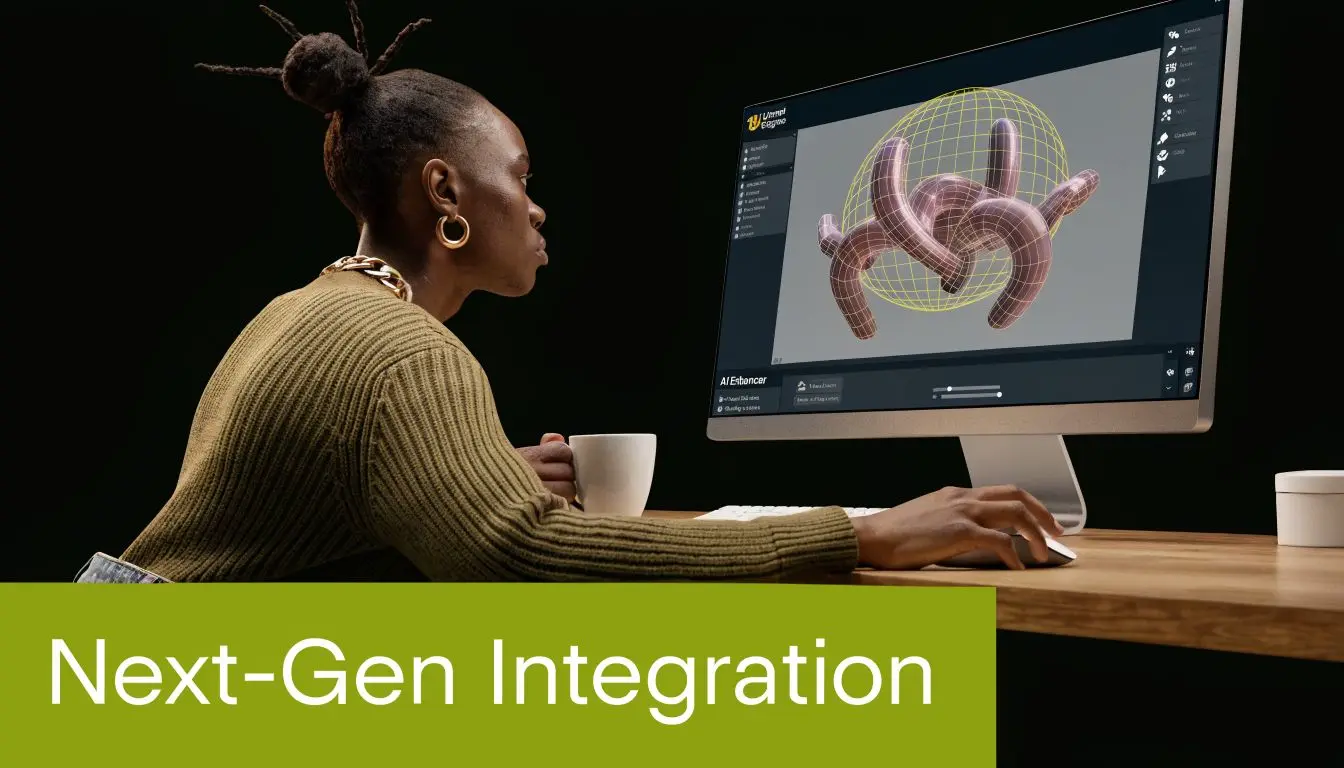 A professional designer working on 3D motion capture animation on a desktop computer in a dark room.